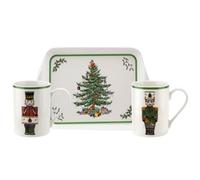 Pimpernel Christmas Tree Nutcracker 10 Oz Mug & Tray Set - Green, Set of 3 | Porcelain Mugs with 8" Melamine Serving Tray, Holiday Drinkware for Coffee, Tea & Hot Chocolate, Microwave & Oven Safe