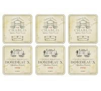Pimpernel Set of 6 Coasters - Cork-Backed Drink Coasters with Heat Resistance and Stain Protection, Vin de France Design for Tea, Coffee, and Everyday Use. 10.5 x 10.5cm, Beige