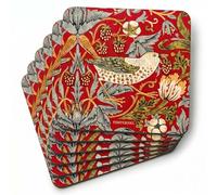 Pimpernel x Spode Morris & Co Set of 6 Coasters - Cork-Backed Drink Coasters with Heat Resistance and Stain Protection, Strawberry Thief Red Design, Suitable for Tea, Coffee, and Everyday Use