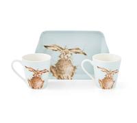 Portmeirion Wrendale Designs Hare Printed Two Porcelain Coffee Mugs & Tray Set
