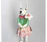 Pin Felt Needle Felted Collectible Girl Standing White Rabbit Hare With Flower