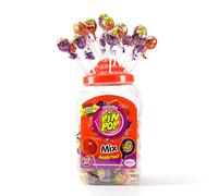 Pin Pop Lollipops Filled with Bubblegum - Assorted Lollies - Cherry, Grape, Watermelon, Strawberry Flavours - Lollipop 80s 90s Sweets Collection - Lolly Pops Bulk Birthday Sweets For Kids - 100 Pieces
