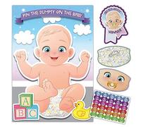 Pin The Dummy on The Baby Game Baby Shower Games for Adults, Children, Kids - Family Party Activity, Up to 30 Players - Includes Large Poster, Double Sided Blindfold, 30 Dummy Stickers, Winner Badge