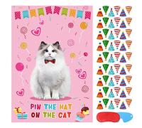 Pin The Hat On The Cat Party Game Cat Birthday Party Games for Kids, Cat Birthday Party Supplies Decorations for Girls Boys, Large Pin The Tail Poster with 54 Hat Stickers