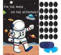 Pin the Mask on the Astronaut Game With 24 Pcs Mask Stickers, Large Astronaut Party Games Poster for Kids Solar System Outer Space Birthday Party School Classroom Carnival Party Supplies
