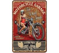 Pin Up Girl Motorcycle Tin Sign,Motor Garage Red Black Vintage Metal Tin Signs for Cafes Bars Pubs Shop Wall Decorative Funny Retro Signs for Men Women 8x12 Inch