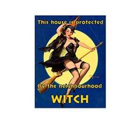Pin Up Girl This House is Protected by The Neighbourhood Witch Vintage Style Metal Advertising Wall Plaque Sign 8 X 12 in