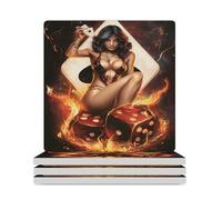 Pin Up Sexy Woman Poker Dice Ceramic Coaster Set Cork-Backed Square Heat Resistant Coasters Table Protection for Tea Coffee
