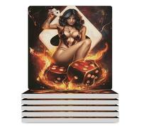 Pin Up Sexy Woman Poker Dice Ceramic Coaster Set Cork-Backed Square Heat Resistant Coasters Table Protection for Tea Coffee
