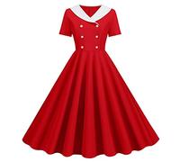 Pin Up Women's High Waist Dress Vintage Large Size Dress Chic and Elegant Short Sleeve Patchwork V-Neck Dress Double Breasted Pleated Chic Fashion Dresses for Ceremony Evening, Red, 8