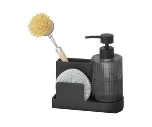 Pina Practical Sink Organiser with Soap Dispenser for Kitchen and Bathroom Polyresin Glass ABS 16 x 17 x 7.5 cm Black