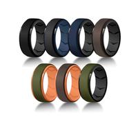 Pinannie 7-Pack Silicone Ring Set for Him - 8mm Wide Rubber Bands in Black, Gray, Blue, Coffee, Green, Hypoallergenic Comfort Fit Wedding Band Alternative for Active Lifestyles, Sizes 7-15, Silicone