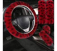Pinbola 5pcs in 1 Set Faux Wool Steering Wheel Cover Soft Fluffy Handbrake Cover & Gear Shift Cover & 2pcs Seat Belt Shoulder Pads Warm Universal Fit for 15 Inch (L-Wine Red)