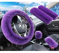 Pinbola 5pcs in 1 Set Faux Wool Steering Wheel Cover Soft Fluffy Handbrake Cover & Gear Shift Cover & 2pcs Seat Belt Shoulder Pads Warm Universal Fit for 15 Inch (Purple)