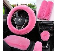Pinbola 6pcs/Set Soft Fluffy Faux Wool Steering Wheel Cover & Seatbelt Shoulder Pads & Handbrake Cover & Gear Shift Cover Winter Warm Universal Fit (Pink)