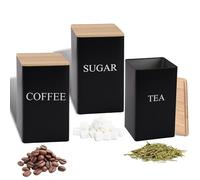 Pinboov 3 Piece Tea Coffee Sugar Canisters, 1000 mL Black Metal Tea Coffee Sugar Canisters with Wooden Lid, Square Storage Containers for Kitchen Counter, Pantry, Office, Café and Restaurant Use