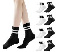 Pinboov 8 Pairs Socks Womens 4-7, Breathable Cotton Crew Socks, Striped Mid-Calf Sports Sock, 4 Pairs Black & 4 Pairs White for Gym, Running, Daily Wear and Casual Activities