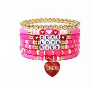 PINCHUAN 6PCS couple Bracelet for Women Love Heart Charm Bracelet Heishi Surfer Clay Bracelet Set Pink/Red Bracelets Accessories Jewelry, adjustable, Metal, no gemstone
