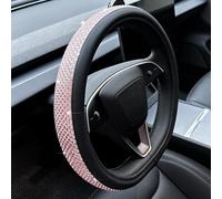 PINCTROT Bling Comfy Steering Wheel Cover for Tesla Model Y / 3, for Camaro, D Shaped 14 Inch Small Sized with Jumbo Crystal Rhinestones, Flat Bottom with Anti-Slip Diamond Leather (Pink)