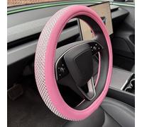PINCTROT D Shaped Bling Comfy Steering Wheel Cover with Jumbo Crystal Rhinestones, Anti-Slip Diamond Leather, Flat Bottom 14.5-15 Inch (All Pink)