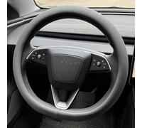 PINCTROT Nappa Leather Steering Wheel Cover for Tesla Model Y/3 Highland/Juniper, D Shaped 14 Inch Small Sized with Breathable Perforation, Fit Like Gloves, Flat Bottom 14 Inch(Nappa Dark Gray)