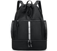 PinCute Beach Backpack, Drawstring Gym Bag for Men/Women, Mesh Beach Bath Bags, Sports Backpack with Wet Pocket & Shoe Compartment, Lightweight, black, american casual