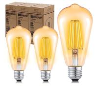 PINDOWS E27 Vintage Edison Screw Bulb, ST64 Edison Bulb, 6W (60W Equivalent), 2700K Warm White Vintage Light, 600LM Decorative Filament, Amber Glass, 3 Pack