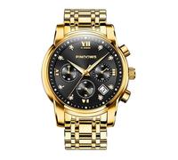 PINDOWS Men's Diamond Business Dress Style Analog Quartz Movement Luxury Waterproof Wrist Watch Luminous Hands Date Display Two Tone Stainless Steel Band Classic Fashion Men's Watch, De651n4: Gold