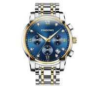 PINDOWS Men's Diamond Business Dress Style Analog Quartz Movement Luxury Waterproof Wrist Watch Luminous Hands Date Display Two Tone Stainless Steel Band Classic Fashion Men's Watch, De651n3: Silver