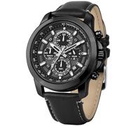 PINDOWS Watch for Men Analog Quartz Chronograph Waterproof Luminous Wrist Watches with Leather Black Brown Strap for Business and Casual Wear