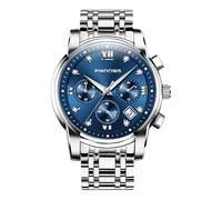 PINDOWS Watches for Men Luxury Quartz Chronograph Watch with Date, Big Face Waterproof Business Wristwatch, Stainless Steel Band, Luminous Hands, Diamond Accents