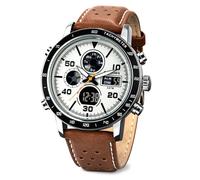 PINDOWS Watches for Men, Men Military Digital Analog Casual Dual Time Leather Wristwatch Multifunctional Fashion Watch with LED Backlight Alarm Stopwatch Calendar