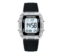 PINDOWS Women's Digital Sport Watch, Clear Transparent Case, Bright LED Light, 5ATM Water Resistant, Stopwatch Alarm Dual Time, Stylish Watch for Active Women&Teens