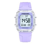 PINDOWS Women's Digital Sport Watch, Clear Transparent Case, Bright LED Light, 5ATM Water Resistant, Stopwatch Alarm Dual Time, Stylish Watch for Active Women&Teens