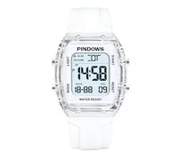 PINDOWS Women's Digital Sport Watch, Clear Transparent Case, Bright LED Light, 5ATM Water Resistant, Stopwatch Alarm Dual Time, Stylish Watch for Active Women&Teens