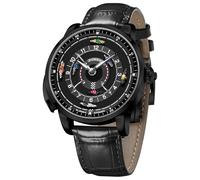 PINDU Automatic Watches for Men, NH35A Movement Design Button Control Rotating Horse Racing Game Watch with 7 Metal Horses, Mechanical Watch for Board Game Night, Black Case Dial Black Leather, Horse