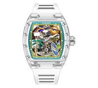 PINDU Automatic Watches for Men, Tonneau Refreshing Beach Style Skeleton Watches for Men Mechanical 50M Waterproof Analogue Mens Unique Cool Square Big Face Dial Wrist with Silicone Strap Band,