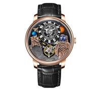 PINDU Space Station Automatic Watches for Men, Automatically 50M Waterproof Mens Unique Space Style, Astronaut Leather Watch Mechanical Watch, Rose gold case Black Leather