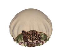 (Pine Cone Border) Print Double Layer Waterproof Shower Cap for Long Hair - Reusable Bath Hair Protection with Elastic Band for Women Travel.