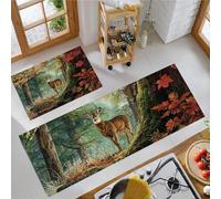 Pine Forest Deer Kitchen Rugs Sets Non Slip Washable Kitchen Mats Anti Fatigue Comfort Ancient Oak Floor Mats for Laundry, Hallways, Sink 40x60cm+40x120cm Reddish Brown