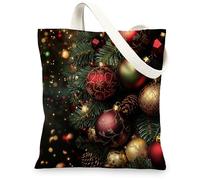 Pine Merry Christmas Balls Canvas Tote Bag for Shopping 13x15, Magic Xmas Scene Reusable Grocery Print Bag for Women Men, Holiday New Year Aesthetic Painting Gift Decor