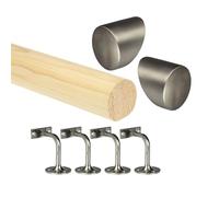 Pine Round Mopstick Handrail Kit with Wall Brackets & End Caps - 1200-4200mm, Chrome/Black/Nickel/Brass (Brushed Nickel, 3600mm)