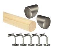 Pine Round Mopstick Handrail Kit with Wall Brackets & End Caps - 1200-4200mm, Chrome/Black/Nickel/Brass (Brushed Nickel, 4200mm)