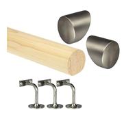 Pine Round Mopstick Handrail Kit with Wall Brackets & End Caps - 1200-4200mm, Chrome/Black/Nickel/Brass (Brushed Nickel, 2400mm)