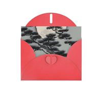 Pine Tree Under The Moon Horizontal Holiday Card With Red Heart Shaped Envelope And Write Various Holiday Greetings