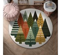 Pine Trees Area Rug, Winter Modern Stripes Leaves Winter Green Non-Slip Doormat Round Throw Rug Stain Resistant Entryway Bathroom Kitchen Doorway Decor 4' X 4'