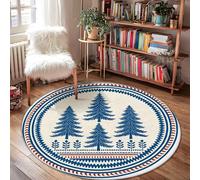 Pine Trees Area Rug, Winter Rustic Leaves Geometric Patterns Winter Navy Blue Low Pile Round Doormat Throw Rug Edge Binding Bathroom Bedside Entryway Door Decor 4' x 4'