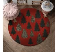 Pine Trees Area Rug, Winter Rustic Spruce Trees Fir Christmas Red Low Pile Foam Doormat Home Accents Rug Fade Resistant Bathroom Entryway Kitchen Bedside Decor 4' X 4'