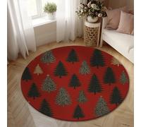 Pine Trees Area Rug, Winter Rustic Spruce Trees Fir Christmas Red Non-Slip Aesthetic Circle Home Floor Carpet Rugs for Living Room Bedroom Hallway Office Decor 5' X 5'