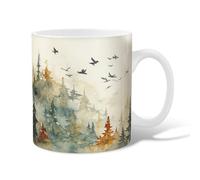 Pine Trees Ceramic Coffee Mug, Nature Watercolor Birds Mountains Fall Green Novelty Hot Chocolate Mug with Handle Gift for Friends Family Co-Worker Lovers Eldership Senior 15 Oz